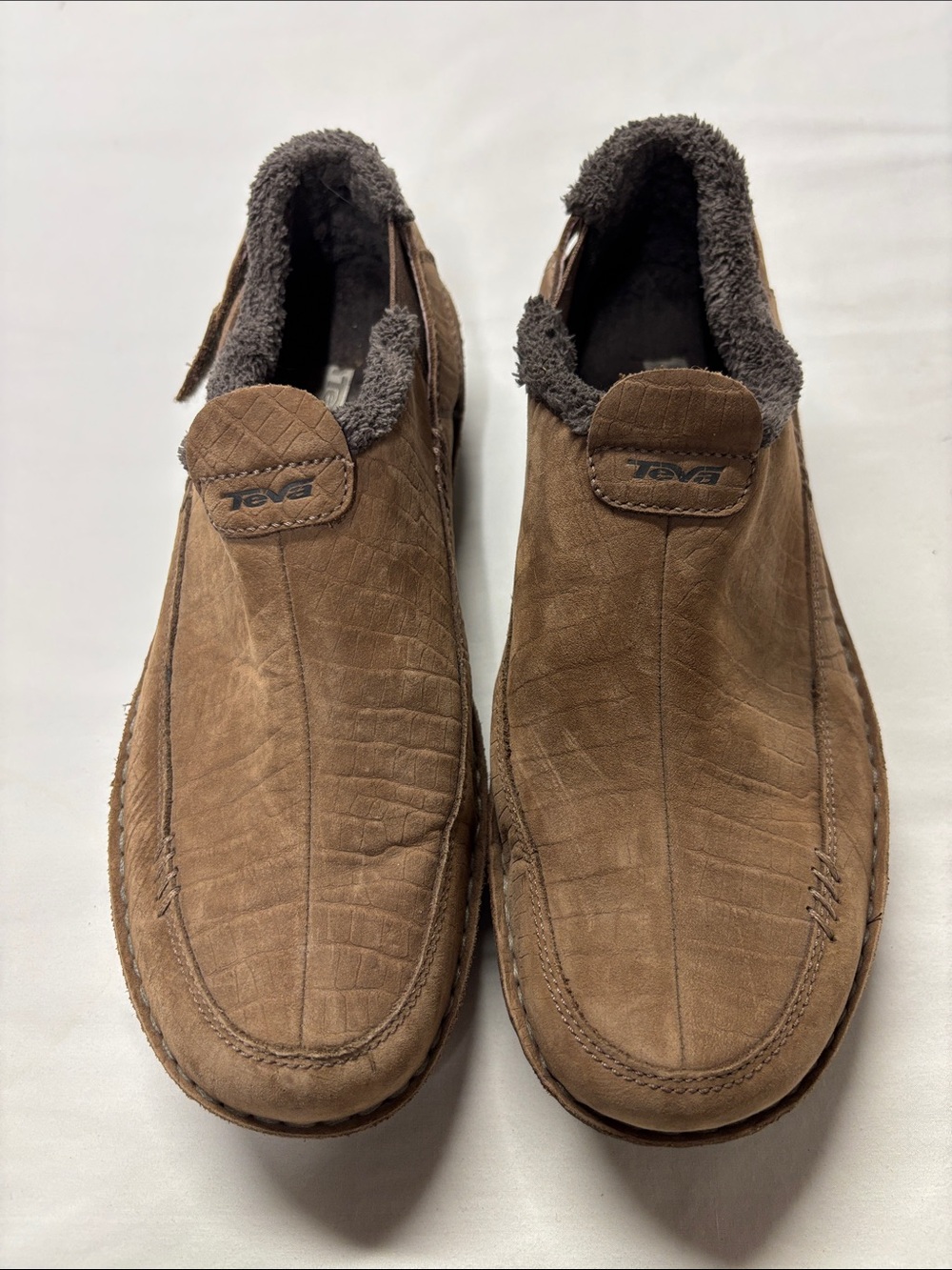 Teva Brown Suede Slip-On Flats with Gray Shearling Interior